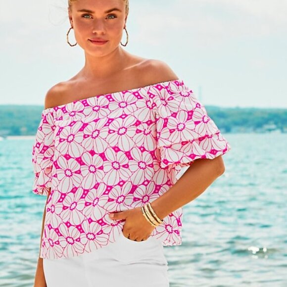 Lilly Pulitzer Razberry Botanical Chiffon Eyelet Lesley Off the Shoulder Blouse - Picture 1 of 11